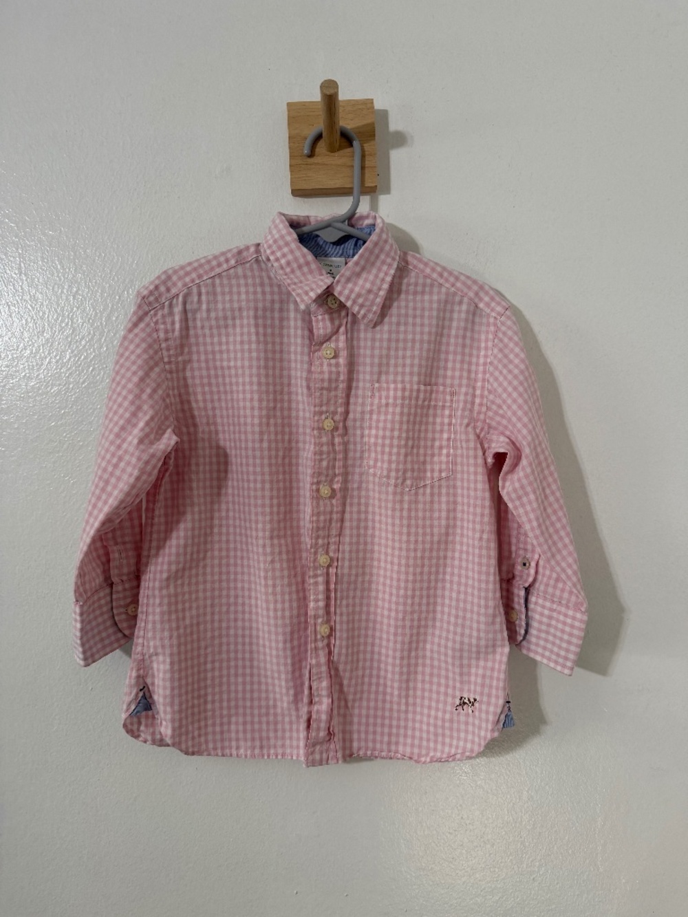 Crewcuts Boys Pink White Gingham Button-Up Long Sleeve Shirt Pockets Size 3